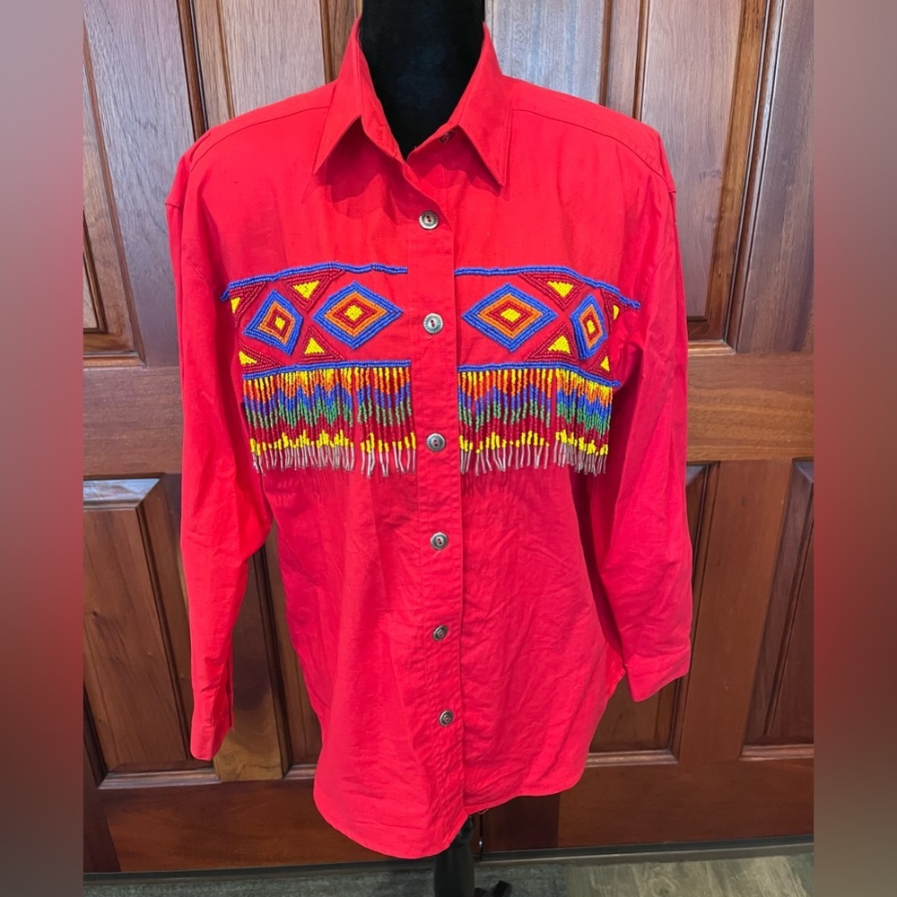 Vintage KZK Western Shirt Red Beaded Embroidered Beaded Fringe 1992 Medium